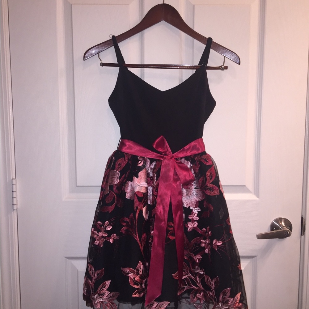 Short Black Dress with Maroon ribbon belt